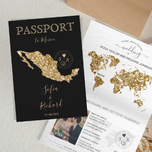 Destination Wedding Passport Gold World Map Mexico Invitation
