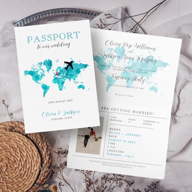 Destination Wedding Passport Mint & Blue World Map Invitation (Creator Uploaded)