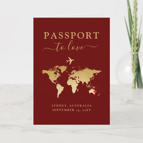 Destination Wedding Passport Red Gold Map  Heart Invitation