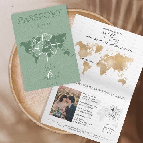 Destination Wedding Passport World Map Compas Sage Invitation