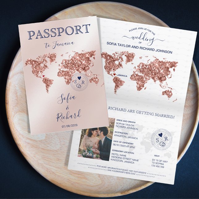 Destination Wedding Passport World Map Rose Gold  Invitation (rose gold world map, blush pink and navy passport invitation)