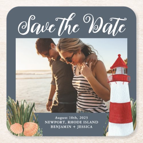 Destination Wedding Photo Save the Date Navy Square Paper Coaster