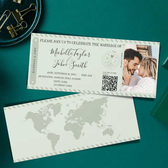 Destination Wedding Sage Boarding Pass QR Code Invitation | Zazzle
