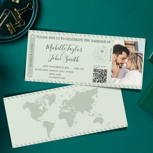 Destination Wedding Sage Boarding Pass QR Code Invitation