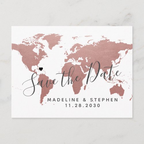 Destination Wedding Save Date Rose Gold Pink Map Announcement Postcard
