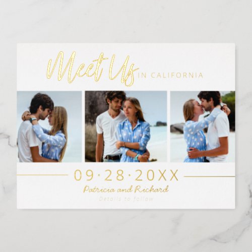 Destination Wedding Save The Date 3 Photo Foil Holiday Postcard