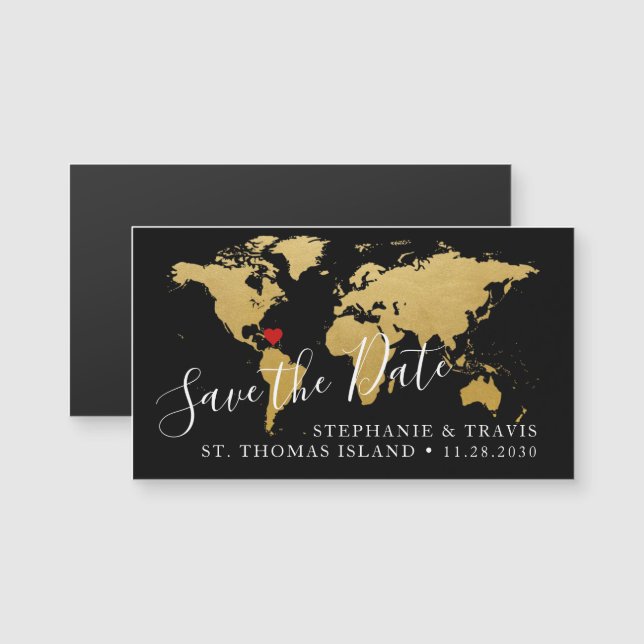 Destination Wedding Save the Date Black Gold Map  (Front/Back)