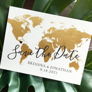 Destination Wedding Save the Date Gold Map Announcement Postcard