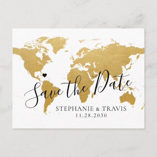 Destination Wedding Save The Date Gold Map Announcement Postcard