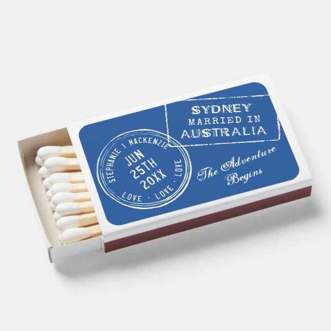 Destination Wedding Travel Stamp Passport Favor Matchboxes (Front Open)