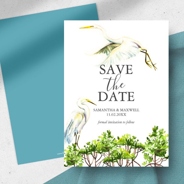 Destination Wedding Tropical Bird Save The Date (Destination wedding save the date Florida theme great white heron & mangroves Victoria Grigaliunas)