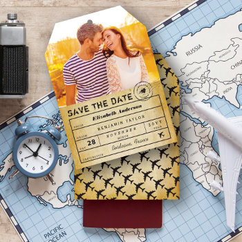 Destination Wedding Vintage Luggage Tag Photo Save The Date by fatfatin_blue_knot at Zazzle