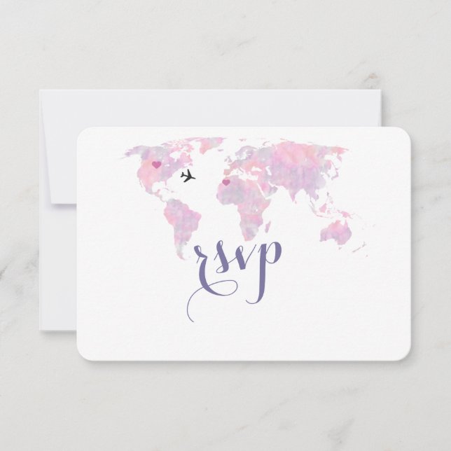 Destination Wedding Watercolor World Map RSVP Card (Front)