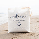 Destination Wedding Welcome Bag | Anchor<br><div class="desc">Ahoy! Welcome guests to your destination wedding with these chic and modern personalized tote bags. Summery nautical design features "welcome" in navy blue modern handwritten calligraphy script,  with space to personalize with your wedding location,  names and date. A ship's anchor illustration in matching navy completes the design.</div>