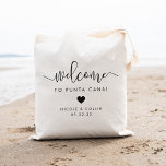 Destination Wedding Welcome Bag | Heart<br><div class="desc">Welcome guests to your destination wedding with these chic and modern personalized tote bags. Design features "welcome" in modern handwritten calligraphy script,  with space to personalize with your wedding location,  names and date. A small heart silhouette illustration completes the design.</div>