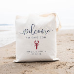 Destination Wedding Welcome Bag | Lobster<br><div class="desc">Welcome guests to your destination wedding with these chic and modern personalized tote bags. Summery nautical design in navy and red features "welcome" in modern handwritten calligraphy script, with space to personalize with your wedding location, names and date. A lobster illustration in summer red completes the design, making it a...</div>