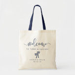 Destination Wedding Welcome Bag | Palm Tree<br><div class="desc">Welcome guests to your destination wedding with these chic and modern personalized tote bags. Design features "welcome" in navy blue modern handwritten calligraphy script,  with space to personalize with your wedding location,  names and date. A pair of palm tree silhouette illustrations completes the design.</div>