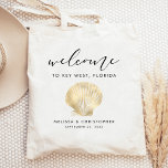 Destination Wedding Welcome Gold Scallop Seashell Tote Bag<br><div class="desc">This destination wedding hotel or favor bag features a vintage illustration of a scallop seashell in gold faux foil,  under the word "welcome" in elegant black handwriting script. Personalize it with your wedding location,  the names of the bride and groom,  and the wedding date.</div>