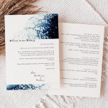 Destination Wedding Welcome Letter Itinerary Card<br><div class="desc">This Blue Destination Wedding Welcome Letter Itinerary Card design pairs sleek and classic white with striking dark royal blue watercolor ocean waves as a gorgeous backdrop for sophisticated minimalist typography and boho script details. Perfect for a modern luxury nautical aesthetic, with a unique moody navy beach style. This beautifully curated...</div>