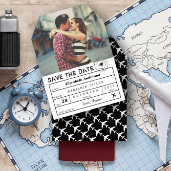 Destination Wedding White Black Luggage Tag Photo Save The Date by fatfatin_blue_knot at Zazzle