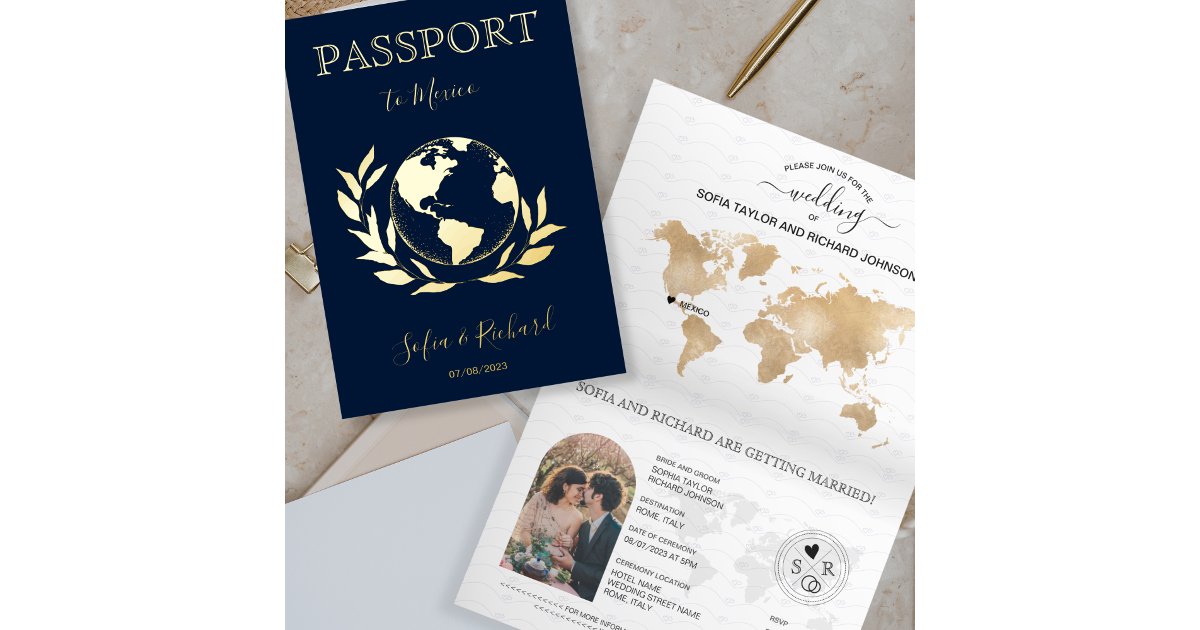 Destination Wedding World Globe Passport Modern Fo Foil Greeting Card ...