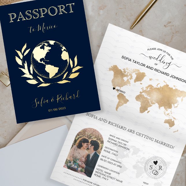 Destination Wedding World Globe Passport Modern Fo Foil Greeting Card (Creator Uploaded)