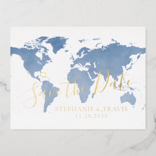 Destination Wedding World Map Blue Save the Date Foil Invitation Postcard