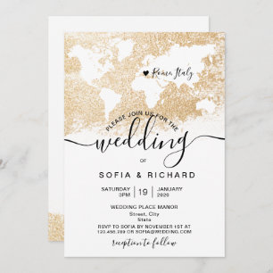 Destination Wedding World Map Gold Invitation