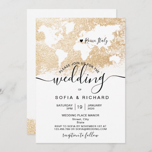 Destination Wedding World Map Gold Invitation