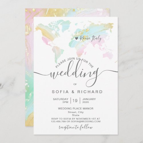 Destination Wedding World Map Pastel Invitation