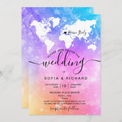 Destination Wedding World Map Rainbow Watercolor Invitation
