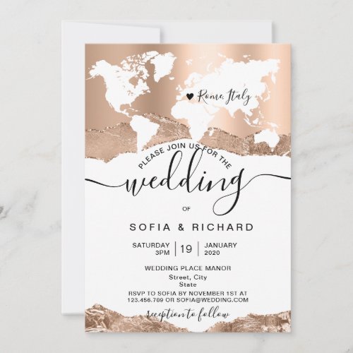 Destination Wedding World Map Rose Gold Invitation