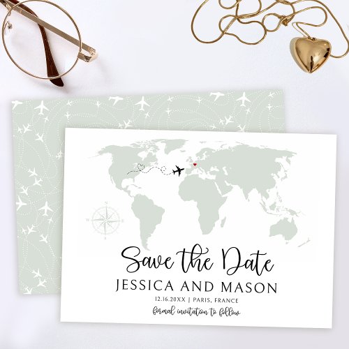 Destination wedding world map save the date invitation