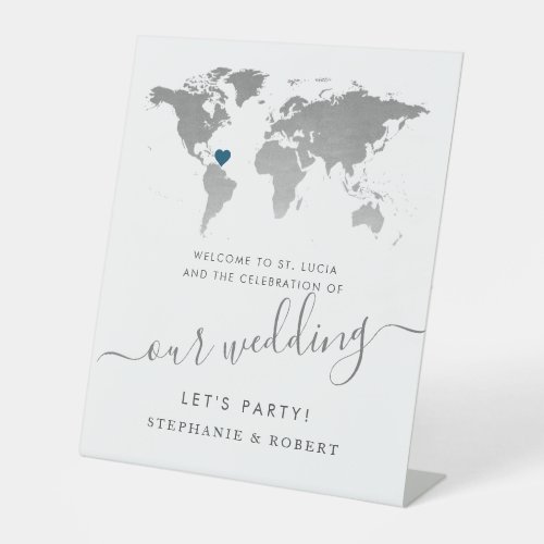 Destination Wedding World Map Silver Welcome Pedestal Sign