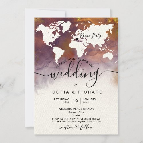 Destination Wedding World Map Watercolor Burgundy Invitation