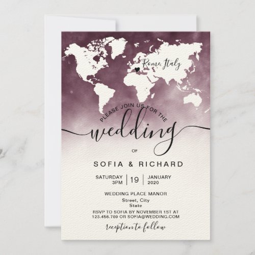 Destination Wedding World Map Watercolor Burgundy Invitation