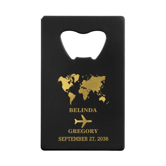 Destination Wedding World Passport Black Gold Credit Card Bottle Opener (Front)