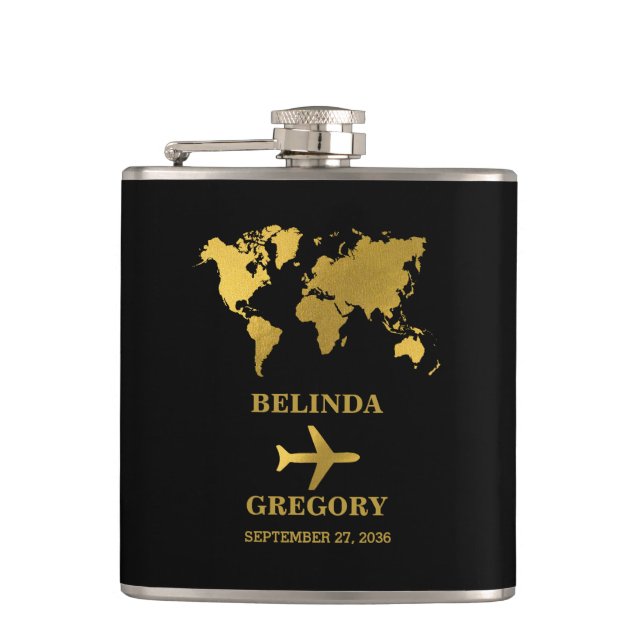 Destination Wedding World Passport Black Gold Flask (Front)