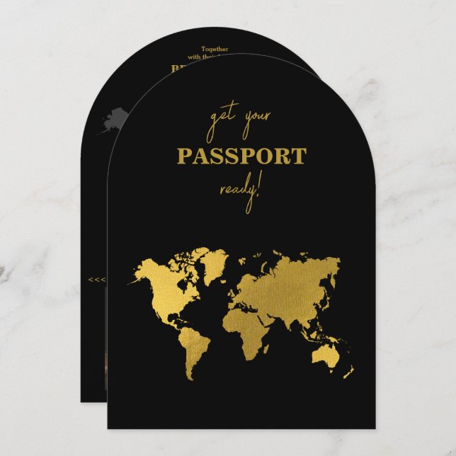 Destination Wedding World Passport Black Gold Invitation (Front/Back)