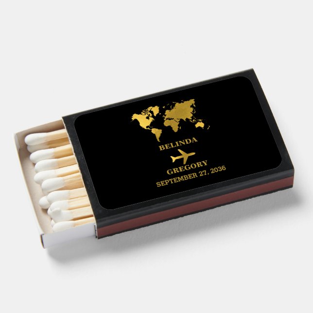 Destination Wedding World Passport Black Gold Matchboxes (Front Open)