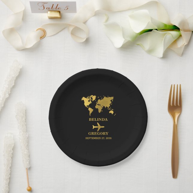 Destination Wedding World Passport Black Gold Paper Plates (Wedding)