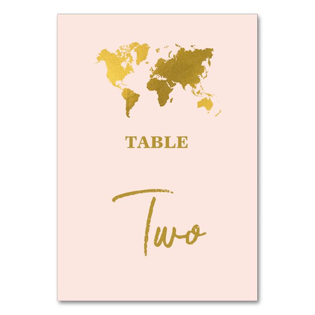 Destination Wedding World Passport Blush Pink Gold Table Number (Front)