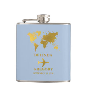 Destination Wedding World Passport Dusty Blue Gold Flask
