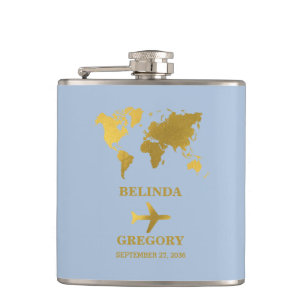 Destination Wedding World Passport Dusty Blue Gold Flask