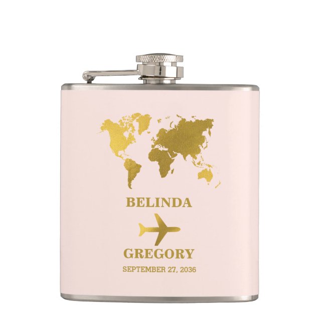 Destination Wedding World Passport Dusty Pink Gold Flask (Front)