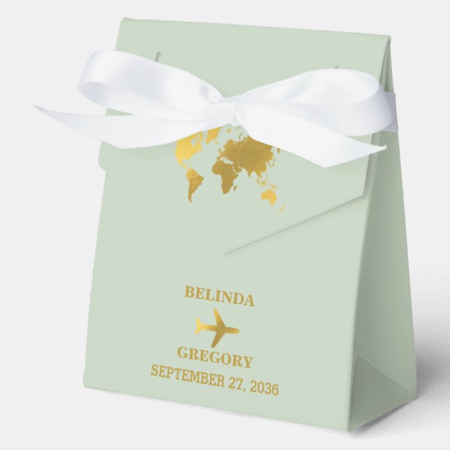 Destination Wedding World Passport Sage Green Gold Favor Boxes (Front)