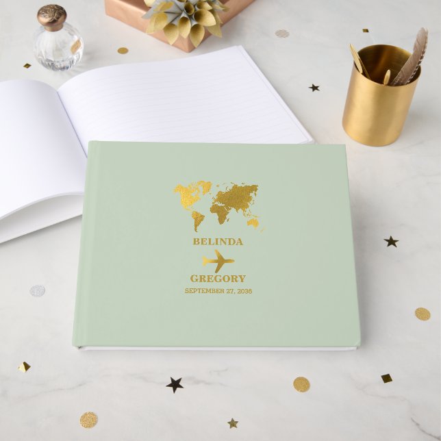 Destination Wedding World Passport Sage Green Gold Guest Book (Front Open)