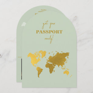 Destination Wedding World Passport Sage Green Gold Invitation