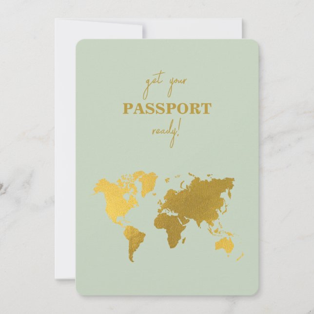 Destination Wedding World Passport Sage Green Gold Invitation (Front)