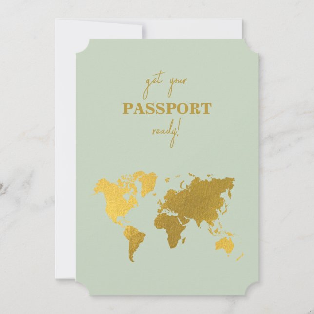 Destination Wedding World Passport Sage Green Gold Invitation (Front)